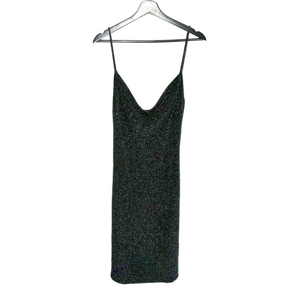 Vintage 90s Black Silver Glitter Drape Neck Spaghetti Strap Knee Length Dress Me